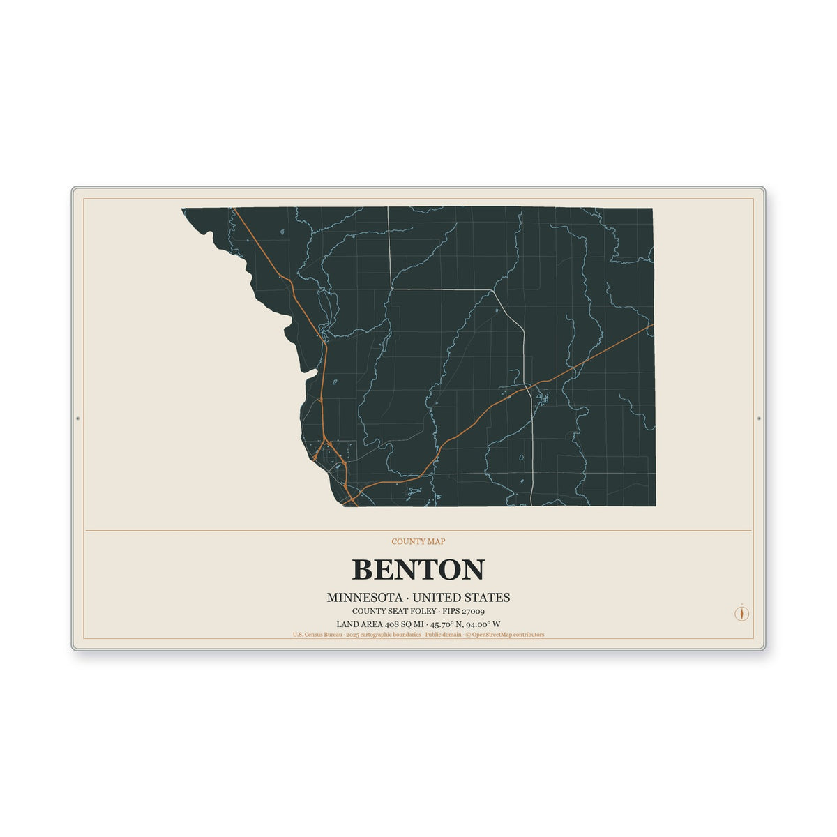 Benton County, Minnesota Map Aluminum Sign in Headline Atlas style