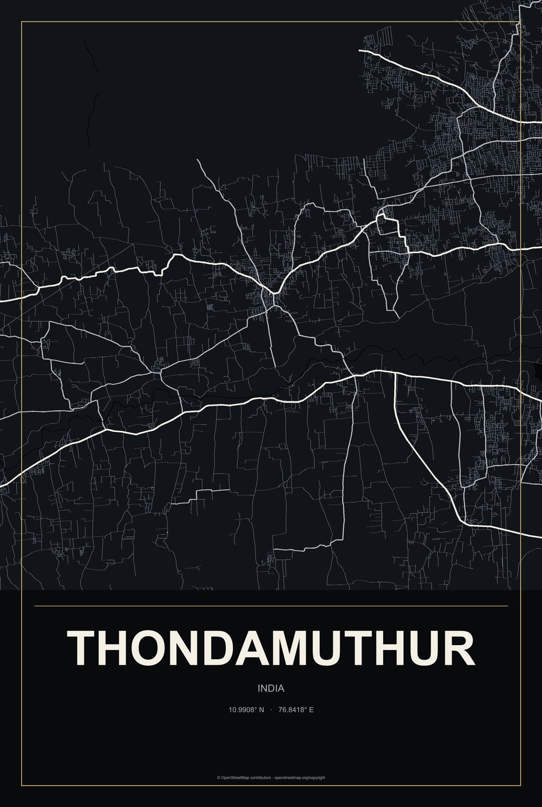 Thondamuthur, India City Map Aluminum Sign in Metropolitan Noir style