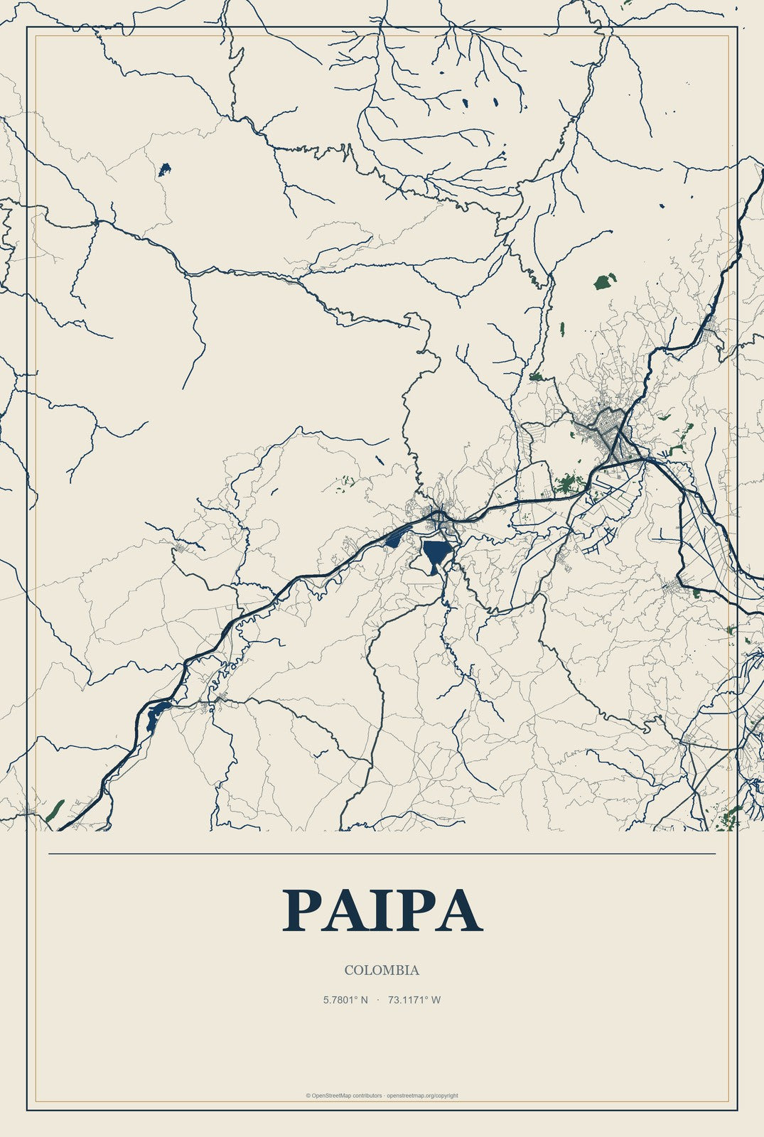 Paipa, Colombia City Map Aluminum Sign in Coastal Cutout style
