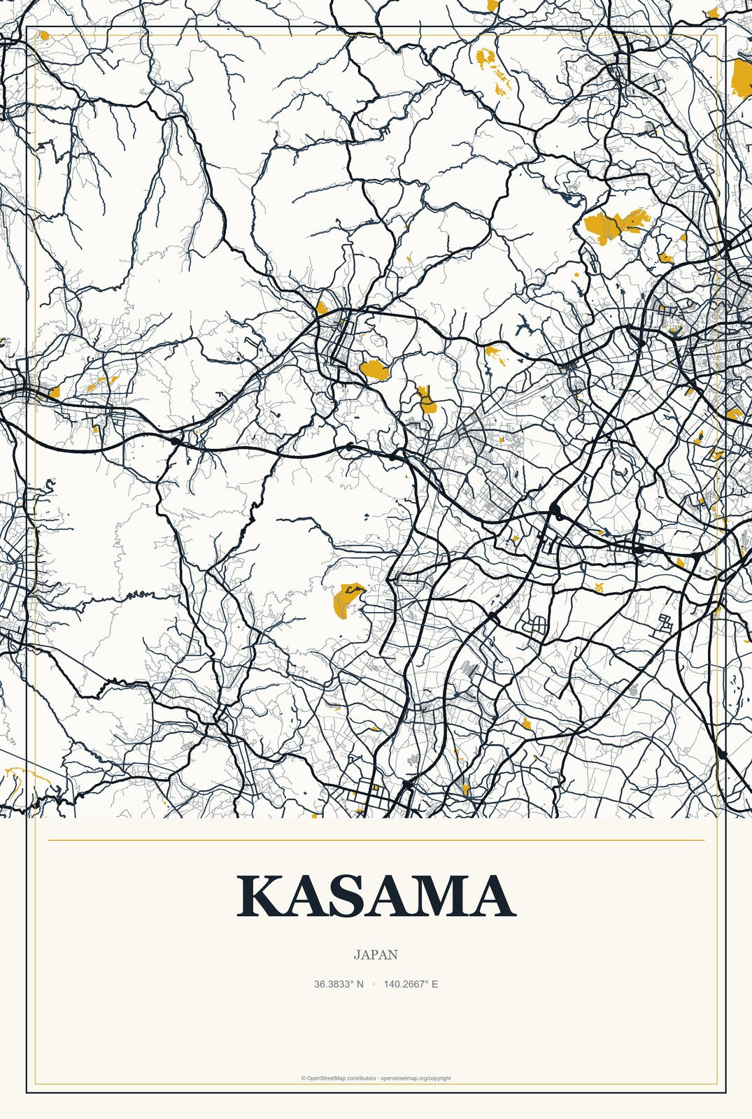 Kasama, Japan City Map Aluminum Sign in Citrine Modern style