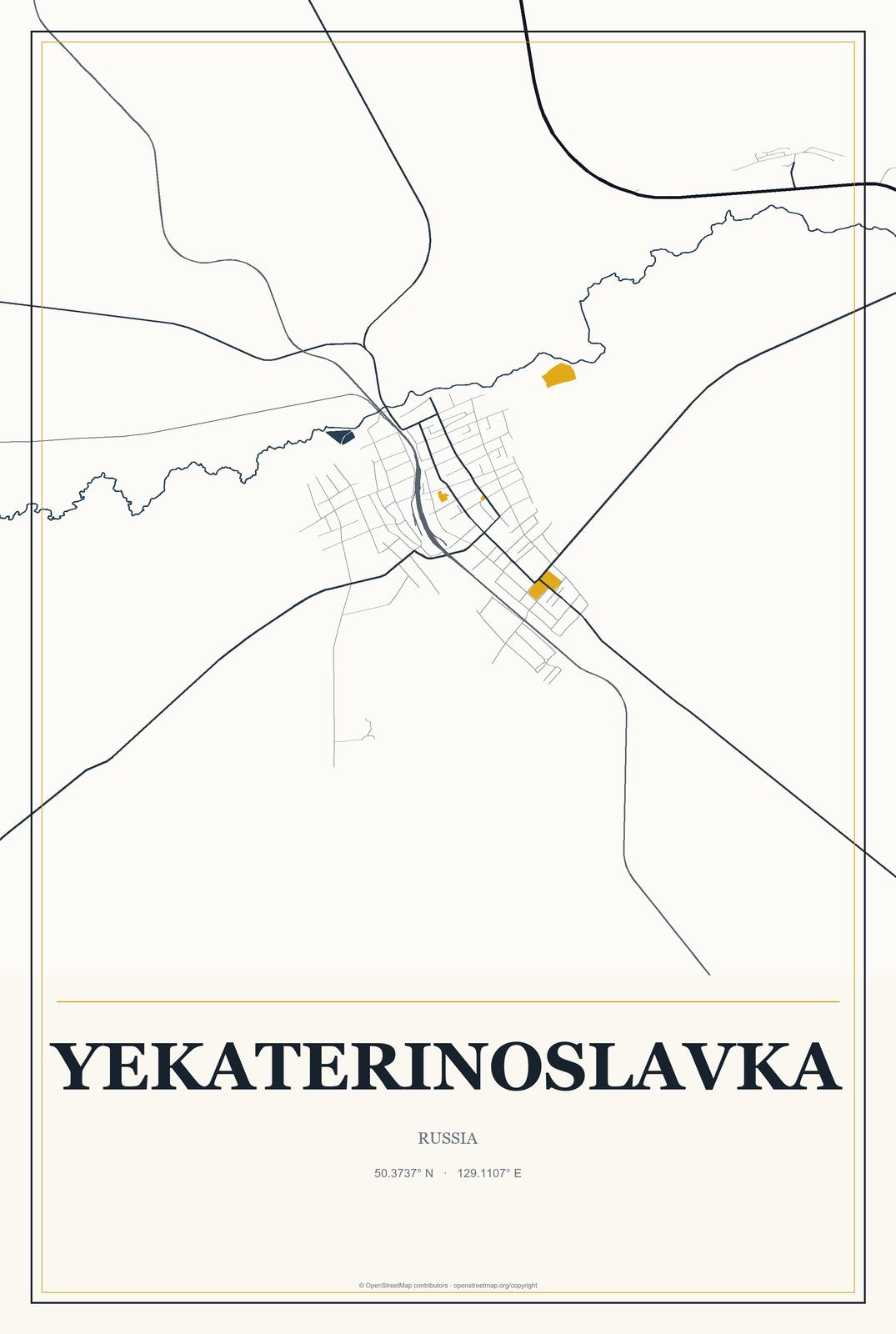 Yekaterinoslavka, Russia City Map Aluminum Sign in Citrine Modern style