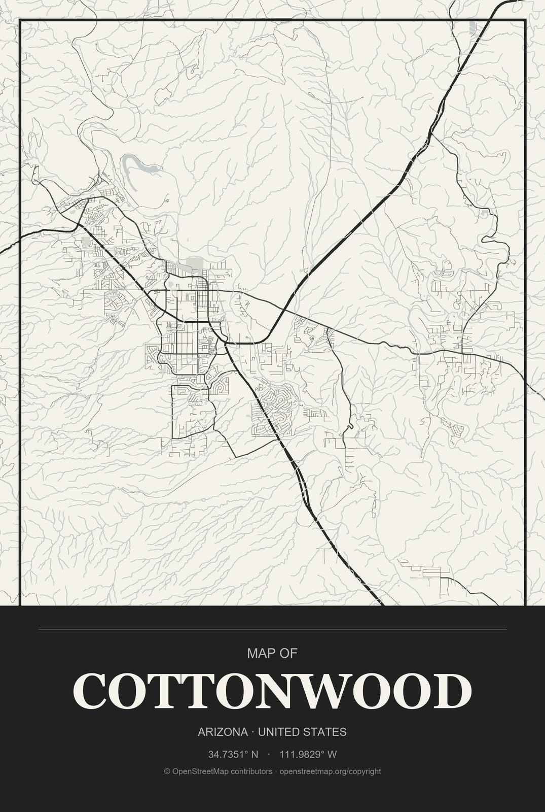 Cottonwood, Arizona City Map Aluminum Sign in Museum Plaque style