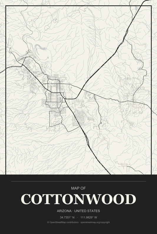 Cottonwood, Arizona City Map Aluminum Sign in Museum Plaque style
