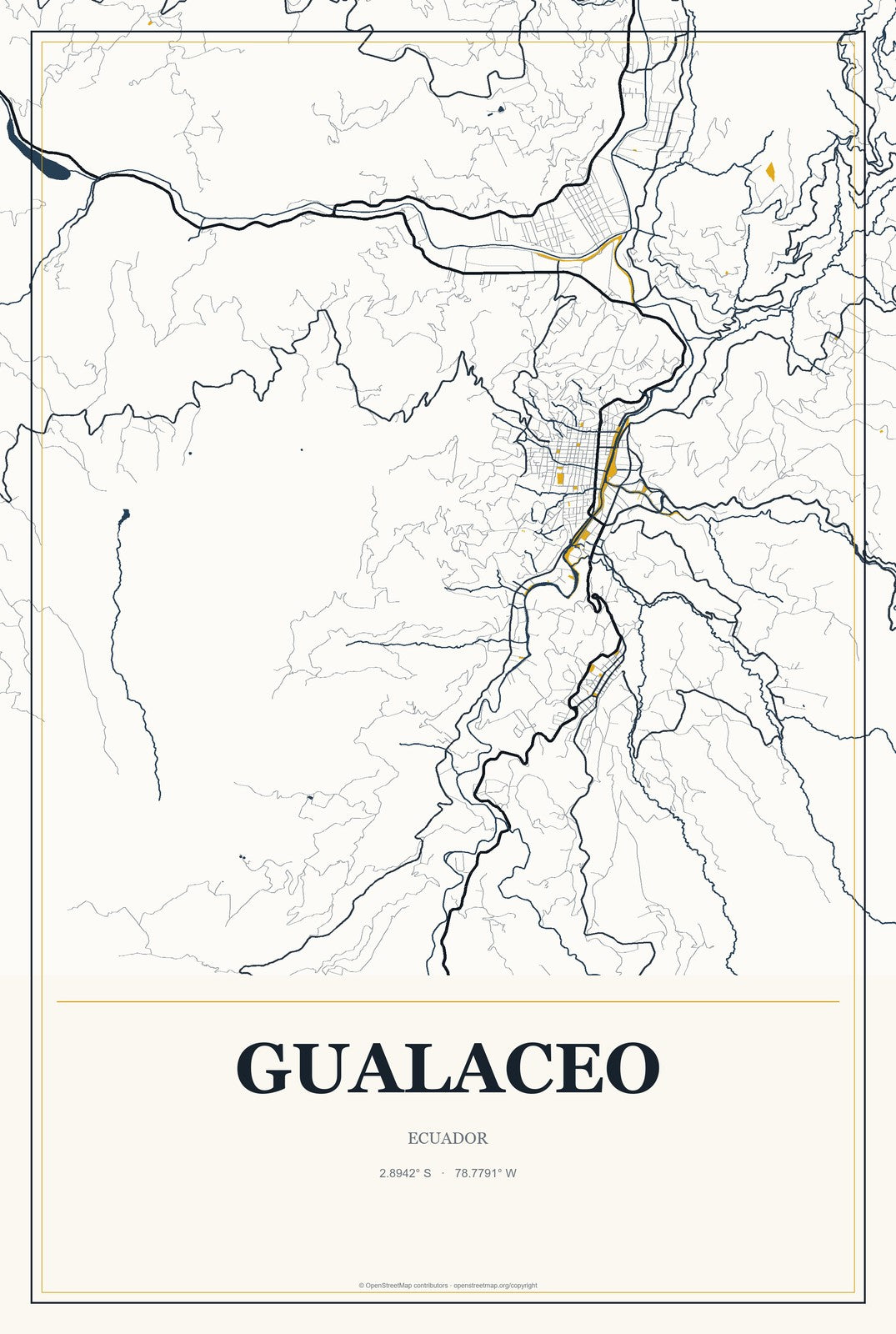 Gualaceo, Ecuador City Map Aluminum Sign in Citrine Modern style