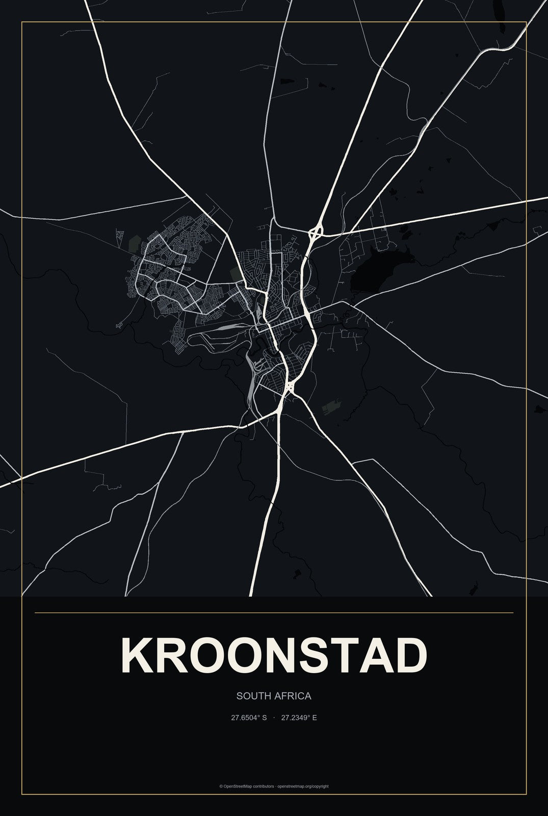 Kroonstad, South Africa City Map Aluminum Sign in Metropolitan Noir style