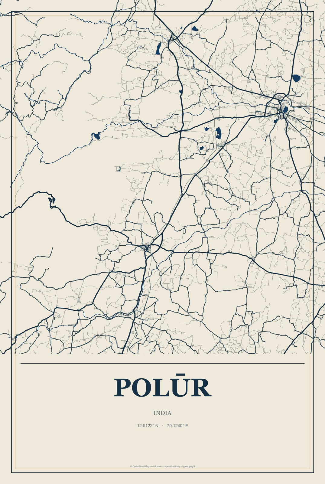 Polūr, India City Map Aluminum Sign in Coastal Cutout style
