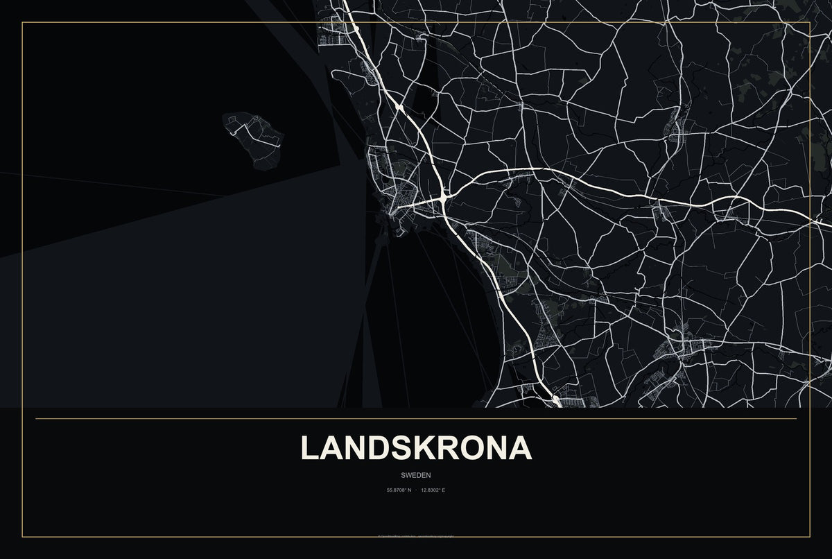 Landskrona, Sweden City Map Aluminum Sign in Metropolitan Noir style