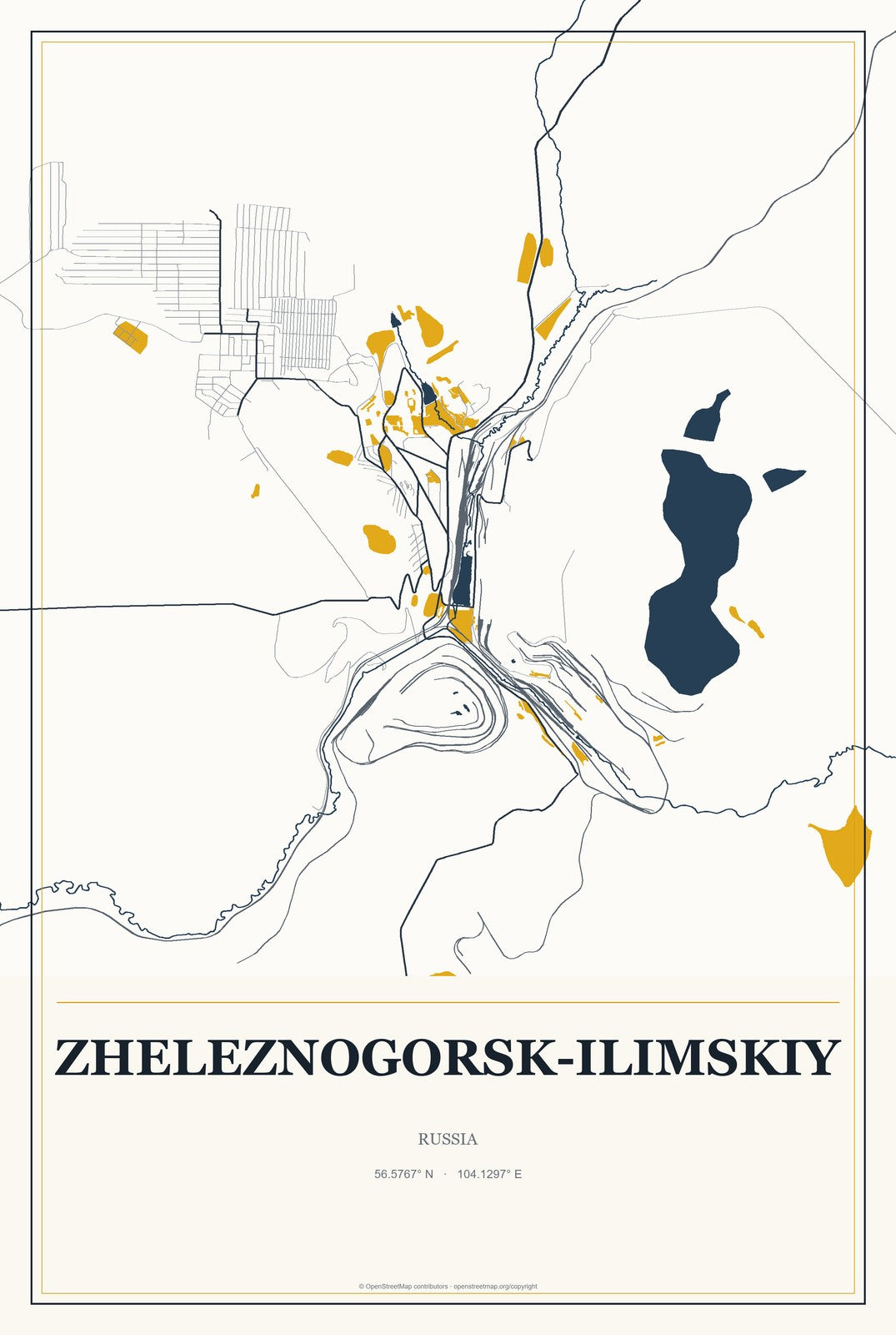 Zheleznogorsk-Ilimskiy, Russia City Map Aluminum Sign in Citrine Modern style
