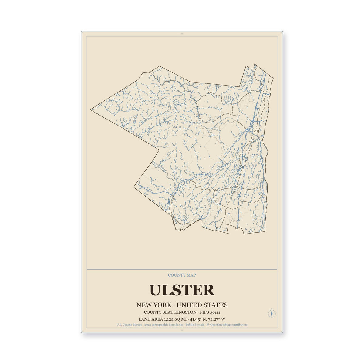 Ulster County, New York Map Aluminum Sign in Heritage Nautical style