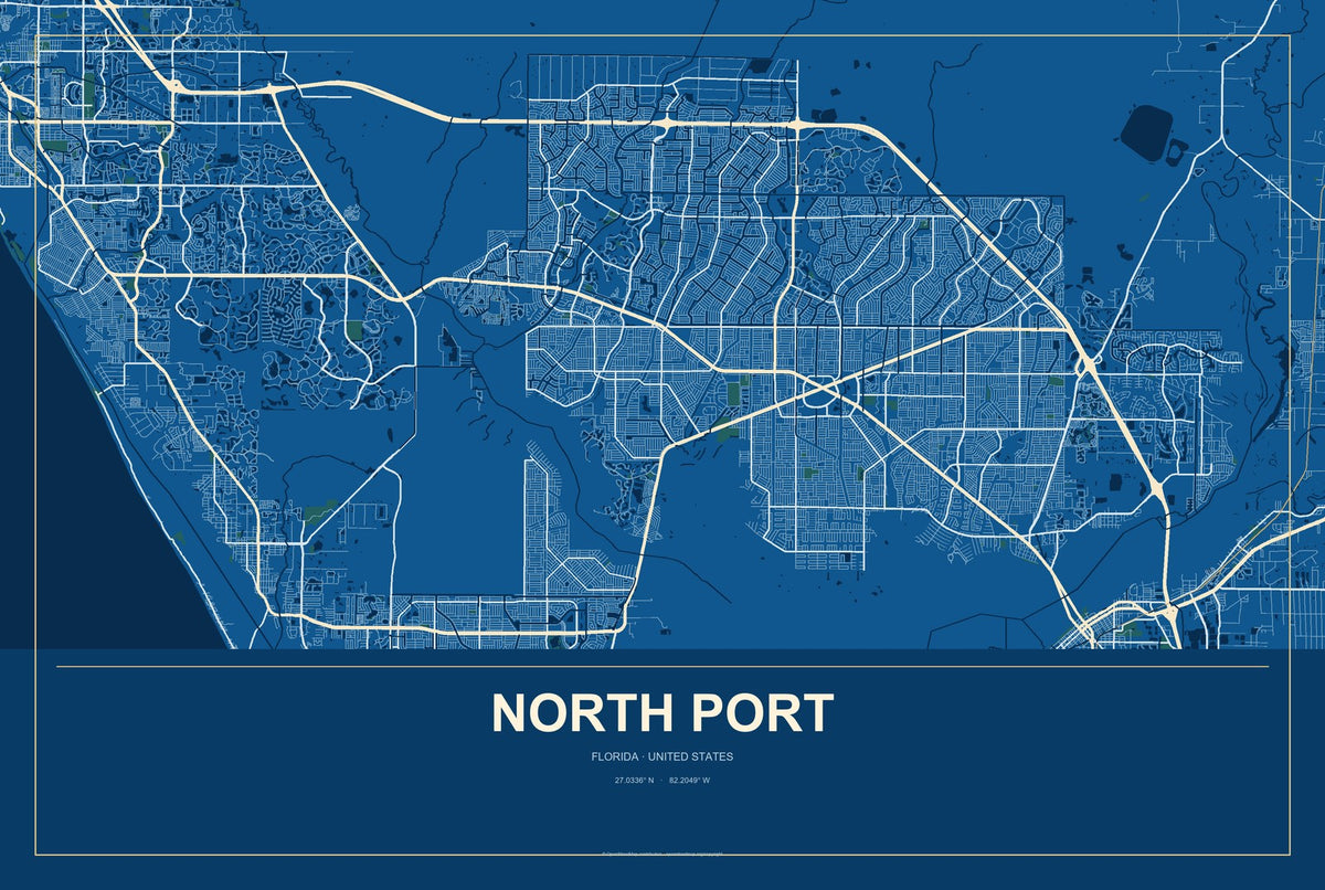 North Port, Florida City Map Aluminum Sign in Harbor Cobalt style