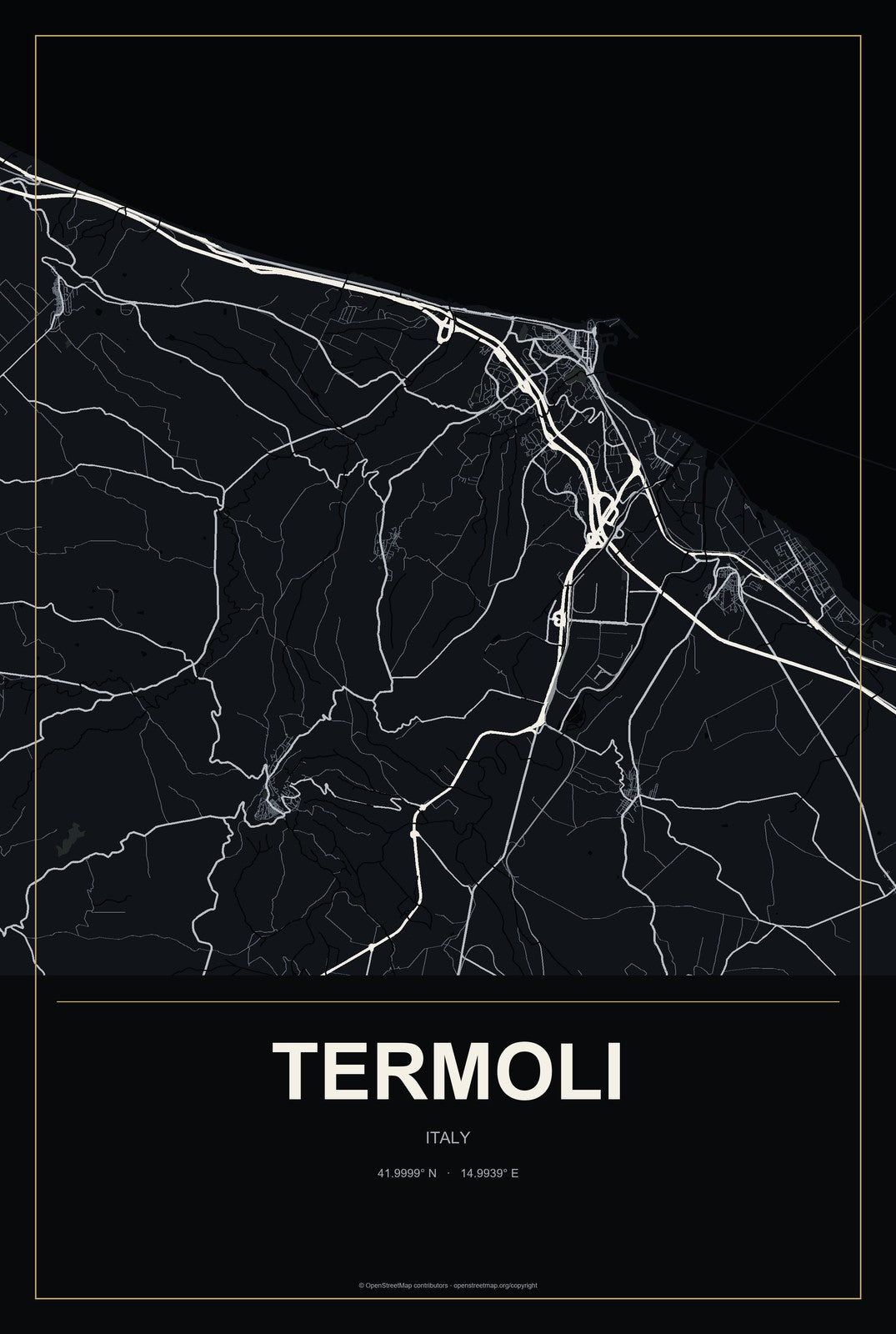 Termoli, Italy City Map Aluminum Sign in Metropolitan Noir style
