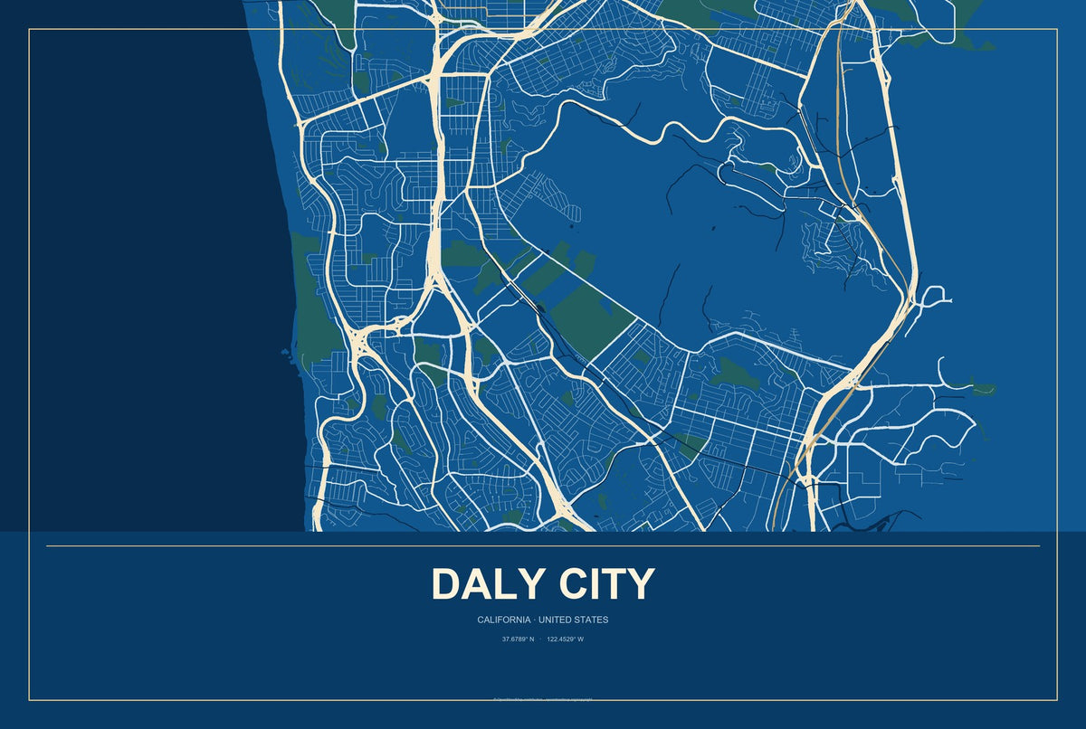Daly City, California City Map Aluminum Sign in Harbor Cobalt style