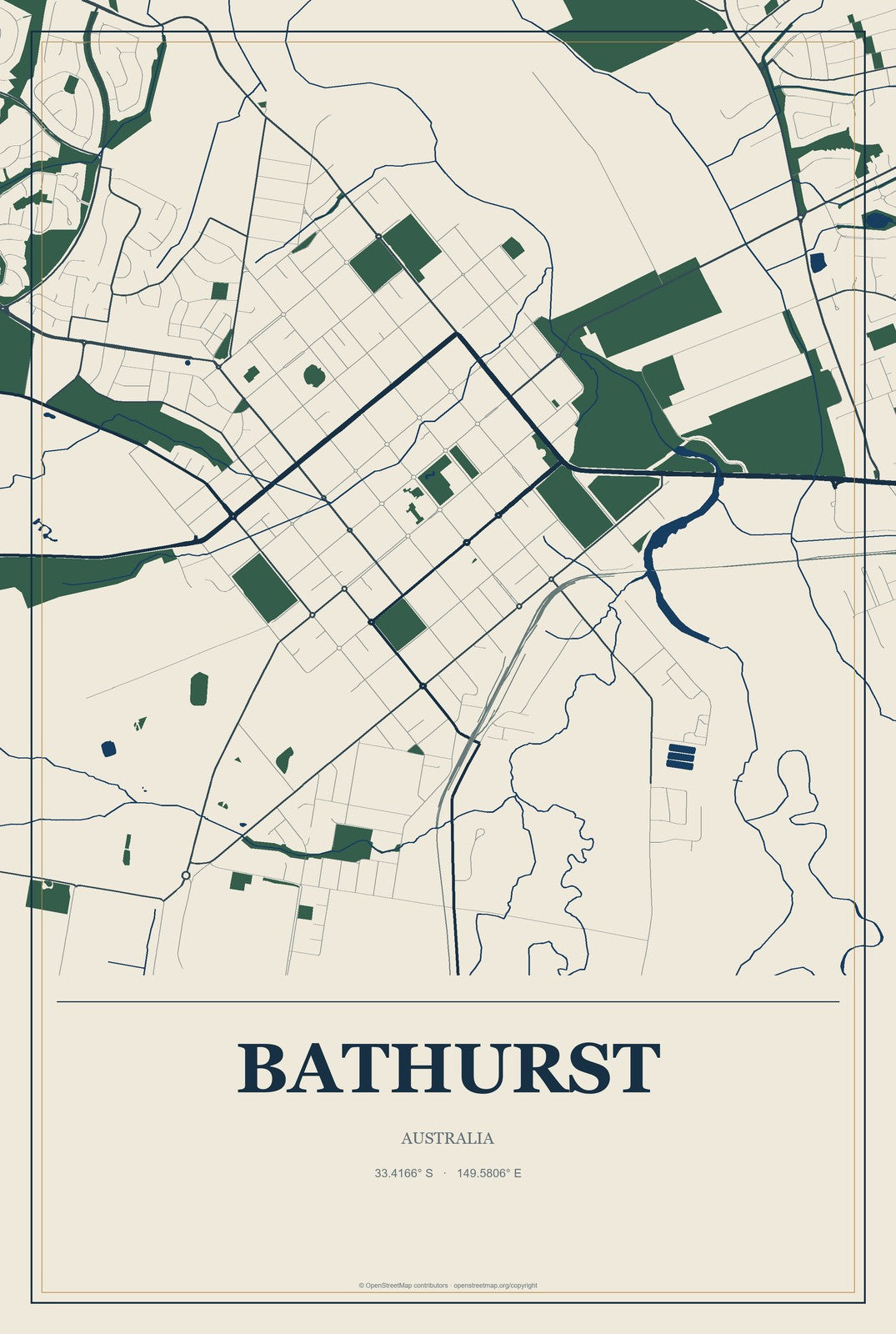 Bathurst, Australia City Map Aluminum Sign in Coastal Cutout style