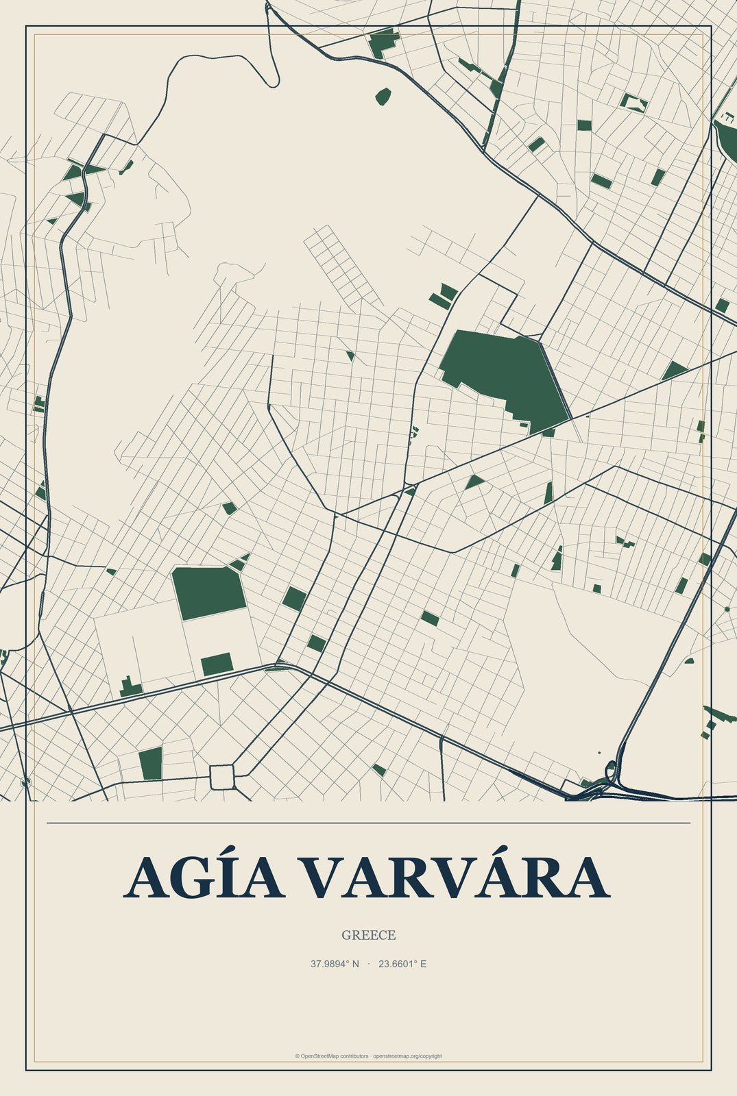 Agía Varvára, Greece City Map Aluminum Sign in Coastal Cutout style