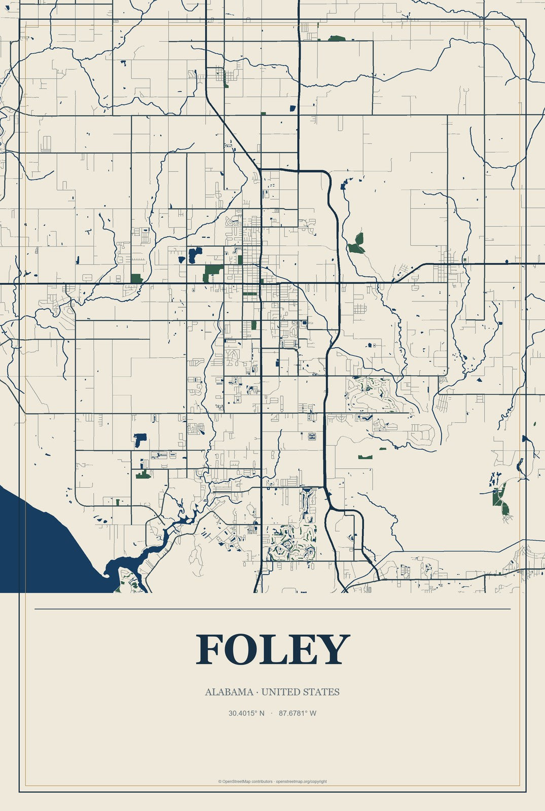 Foley, Alabama City Map Aluminum Sign in Coastal Cutout style