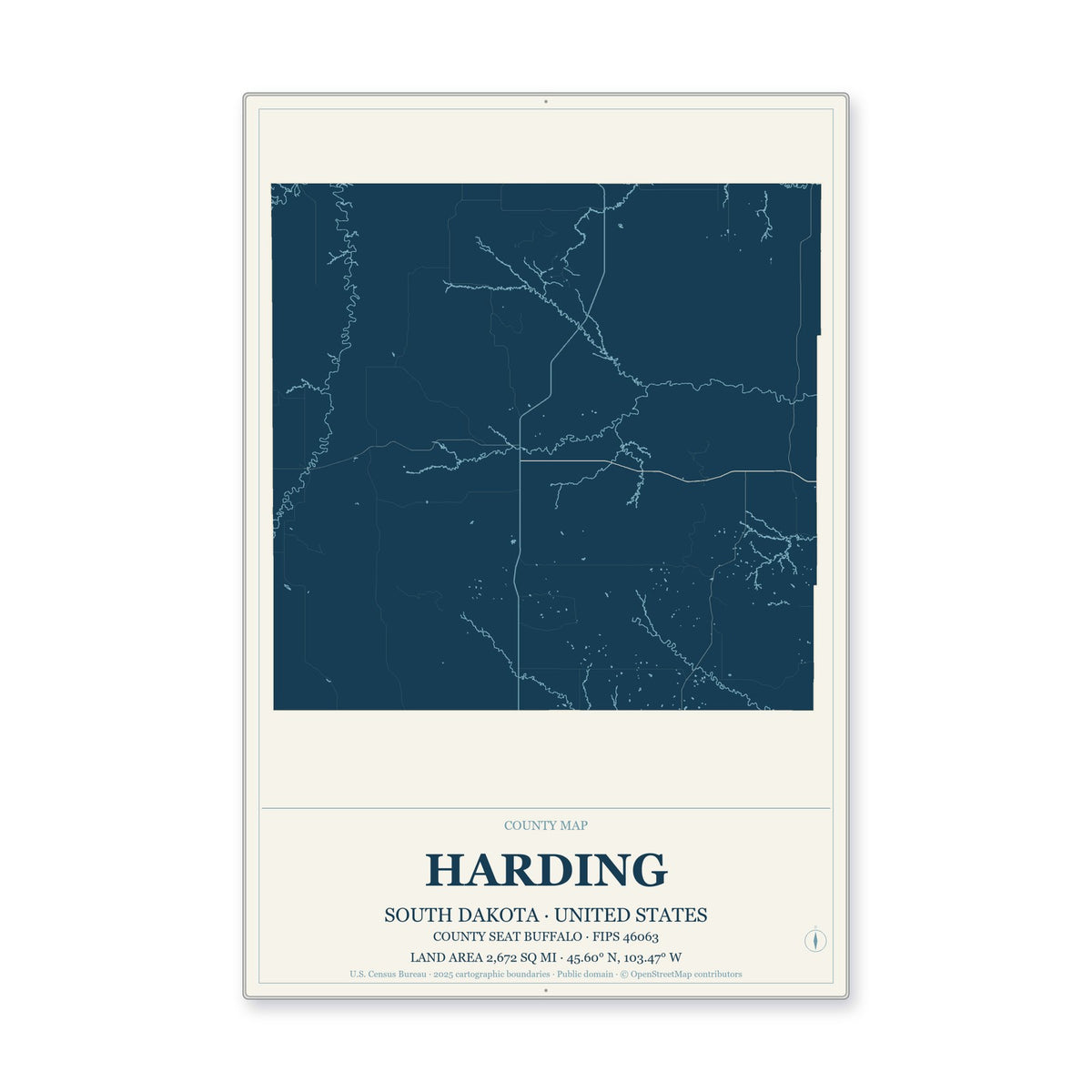 Harding County, South Dakota Map Aluminum Sign in Coastal Cutout style