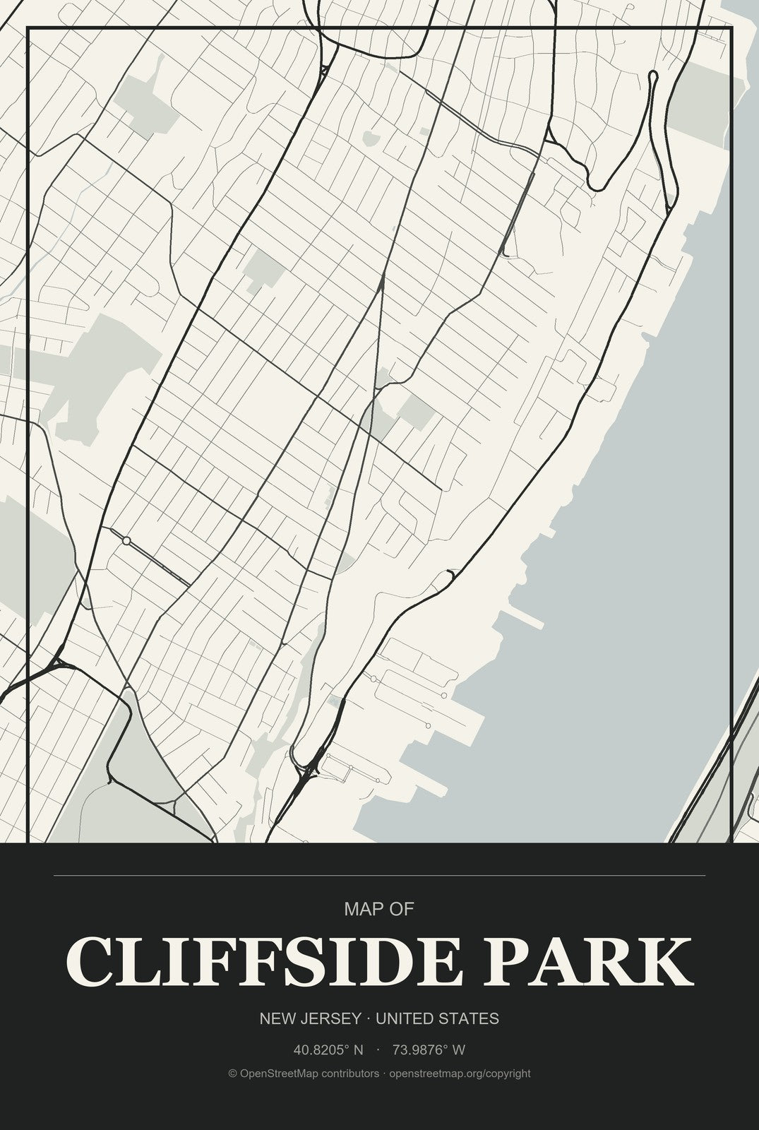 Cliffside Park, New Jersey City Map Aluminum Sign in Museum Plaque style