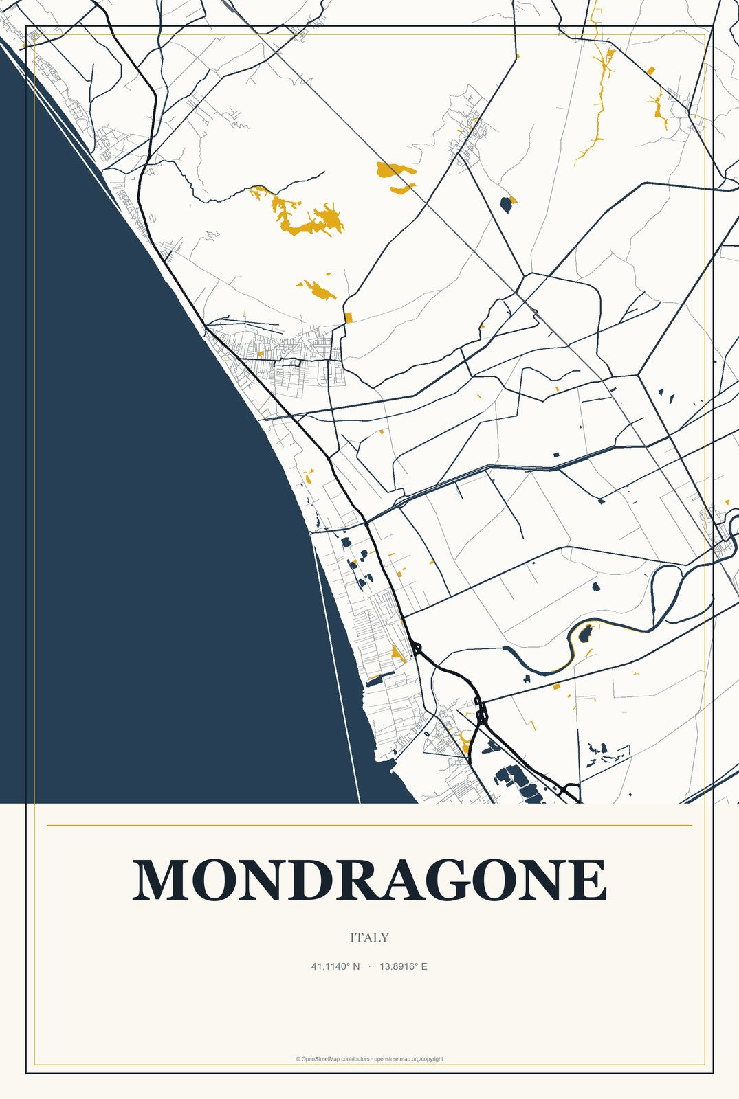 Mondragone, Italy City Map Aluminum Sign in Citrine Modern style