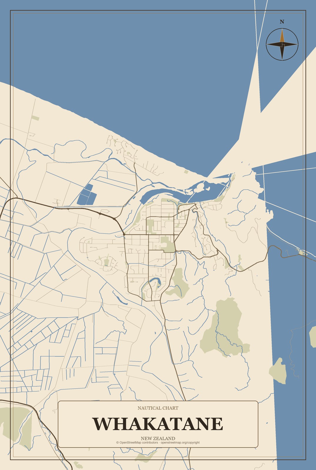 Whakatane, New Zealand City Map Aluminum Sign in Heritage Nautical style