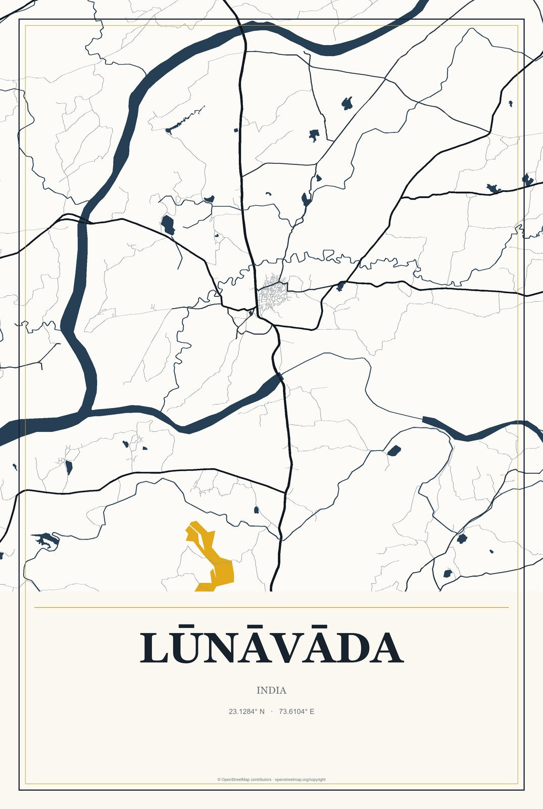 Lūnāvāda, India City Map Aluminum Sign in Citrine Modern style