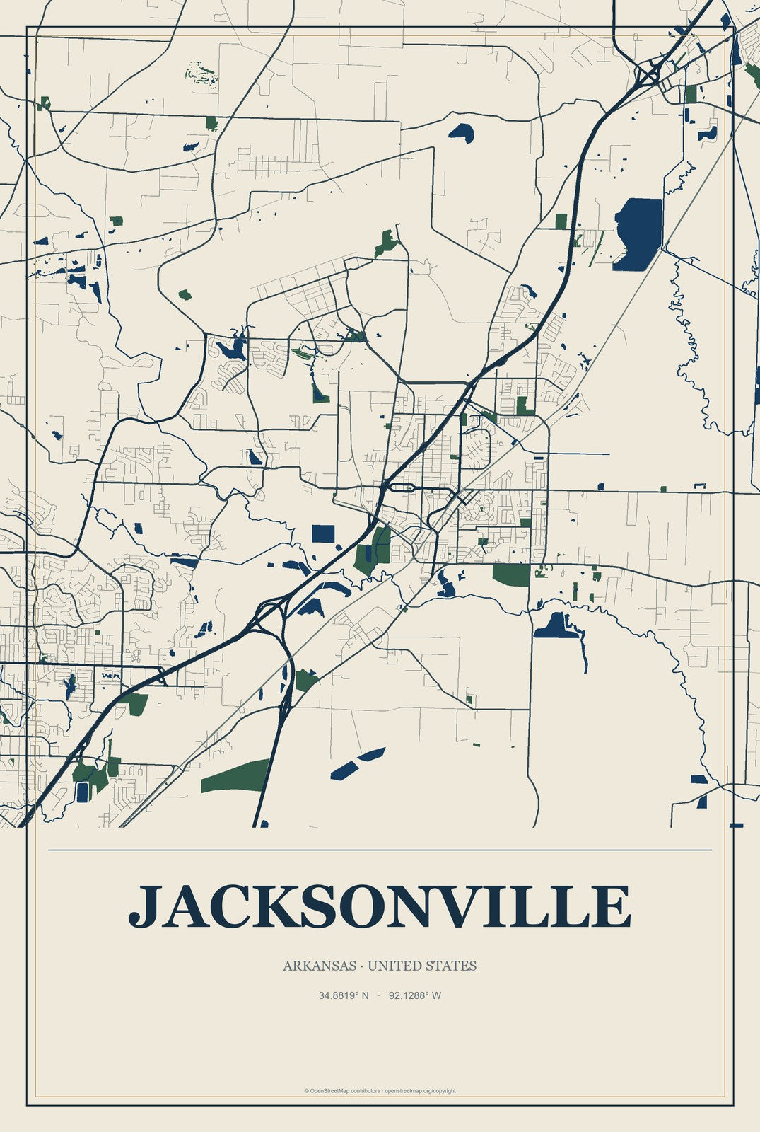 Jacksonville, Arkansas City Map Aluminum Sign in Coastal Cutout style