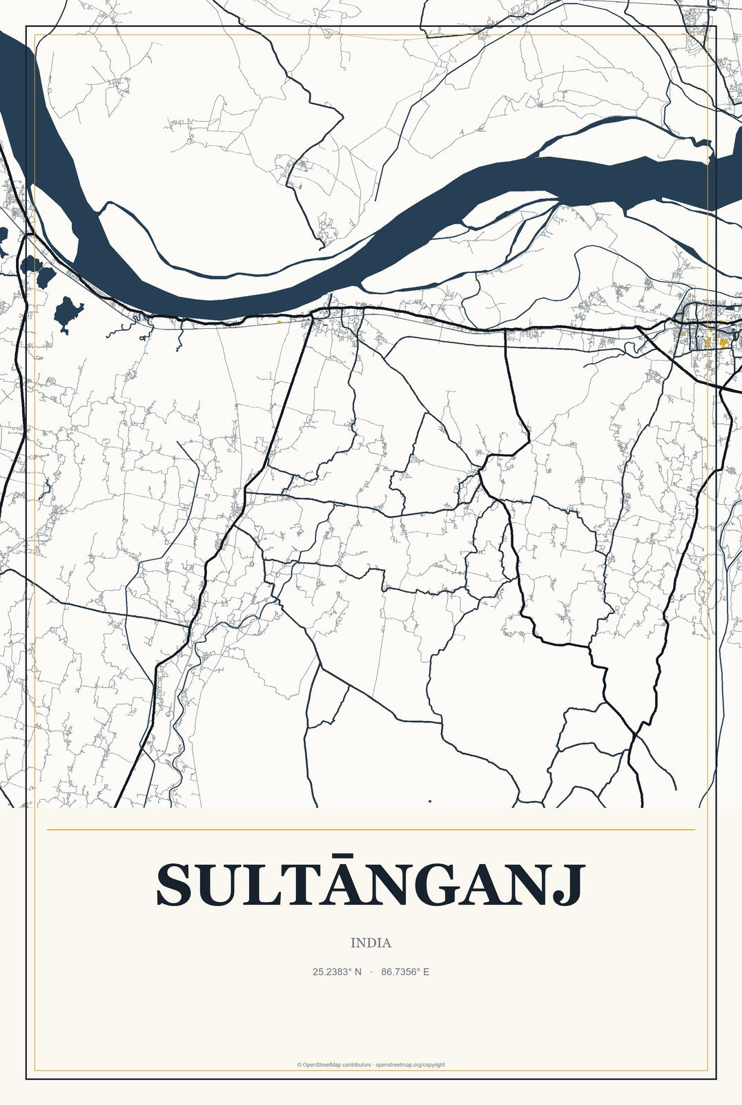 Sultānganj, India City Map Aluminum Sign in Citrine Modern style