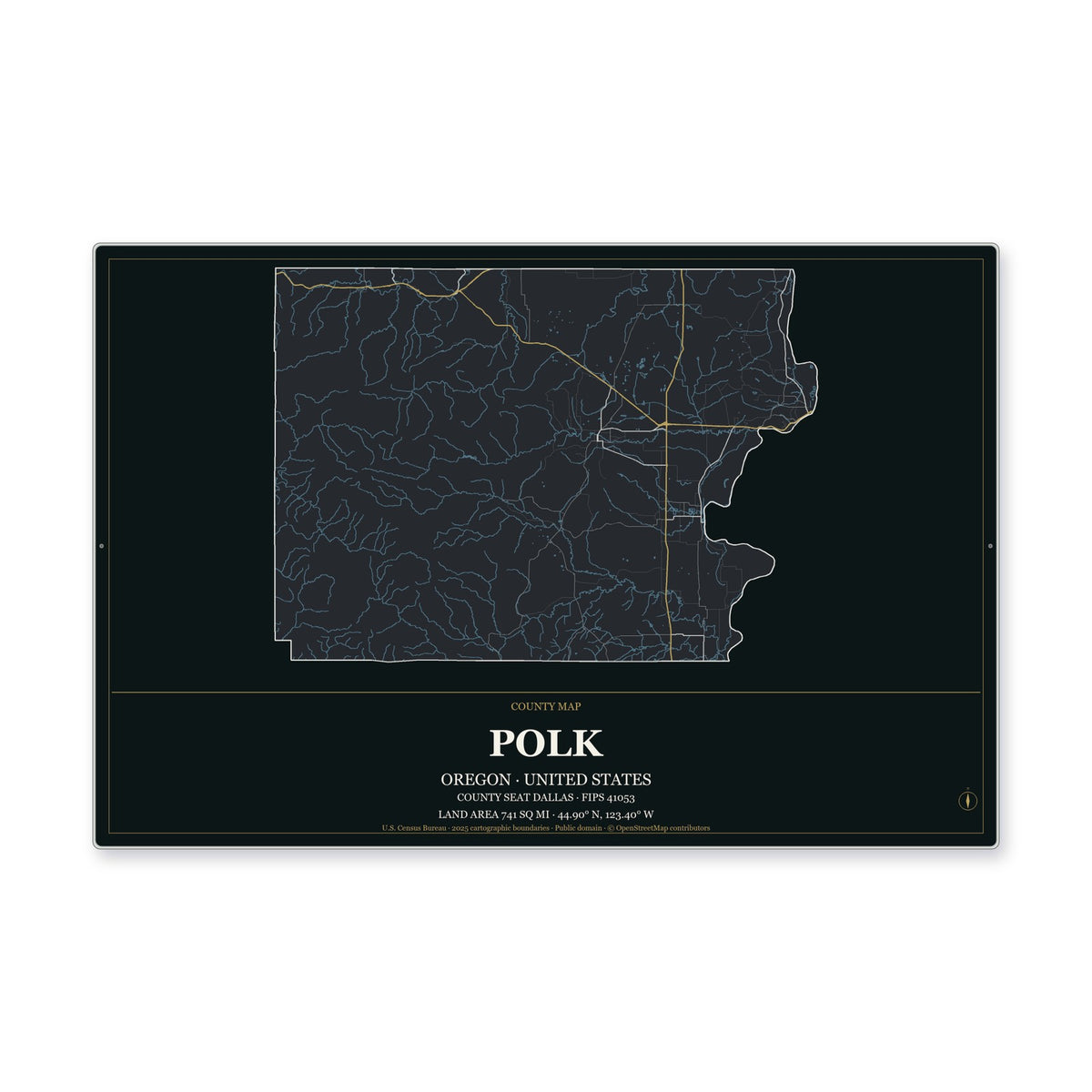 Polk County, Oregon Map Aluminum Sign in Metropolitan Noir style