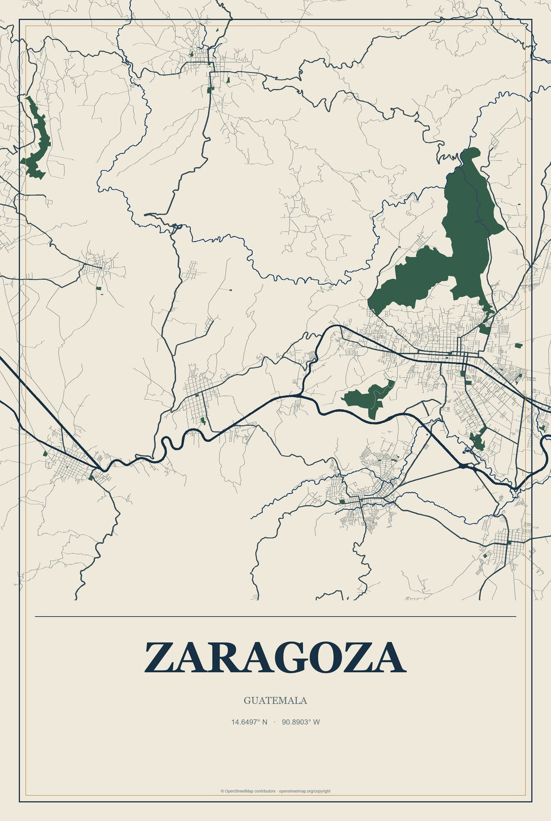 Zaragoza, Guatemala City Map Aluminum Sign in Coastal Cutout style