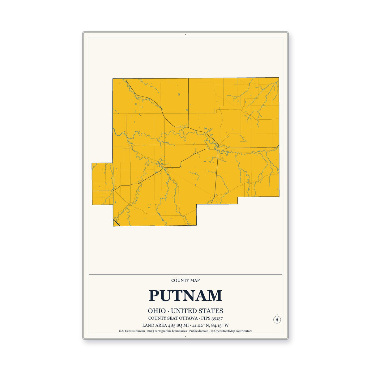 Putnam County, Ohio Map Aluminum Sign in Citrine Modern style