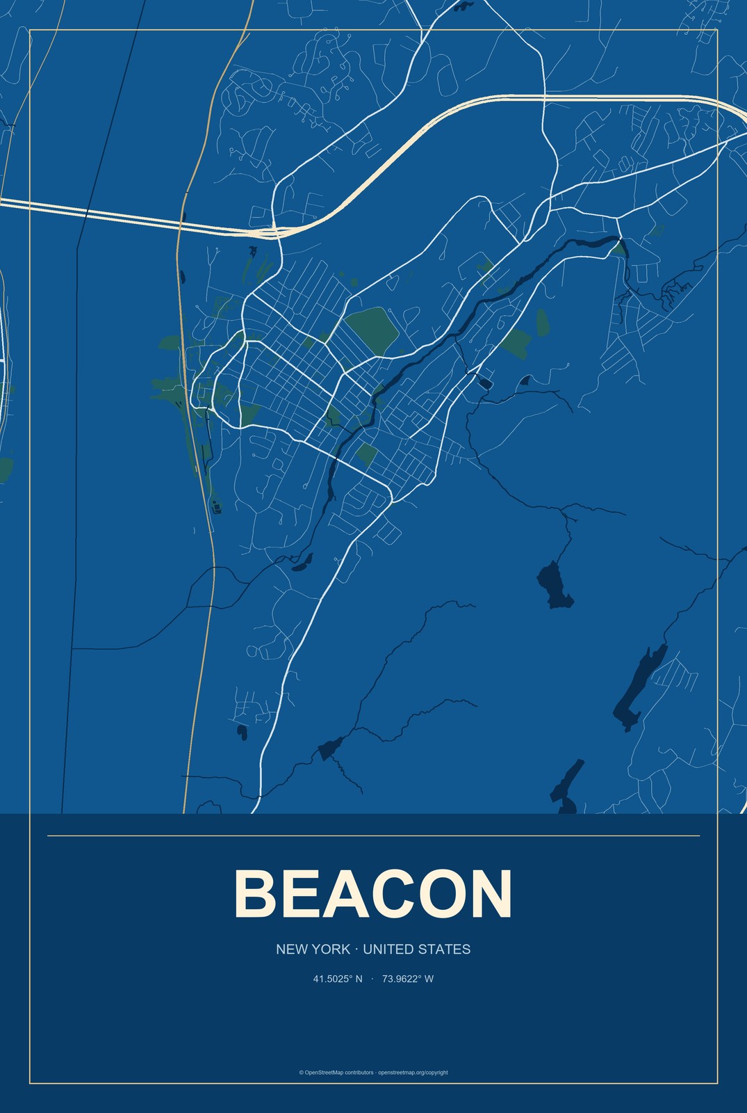 Beacon, New York City Map Aluminum Sign in Harbor Cobalt style
