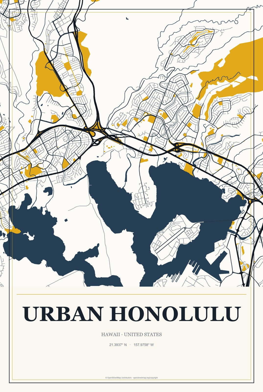 Urban Honolulu, Hawaii City Map Aluminum Sign in Citrine Modern style