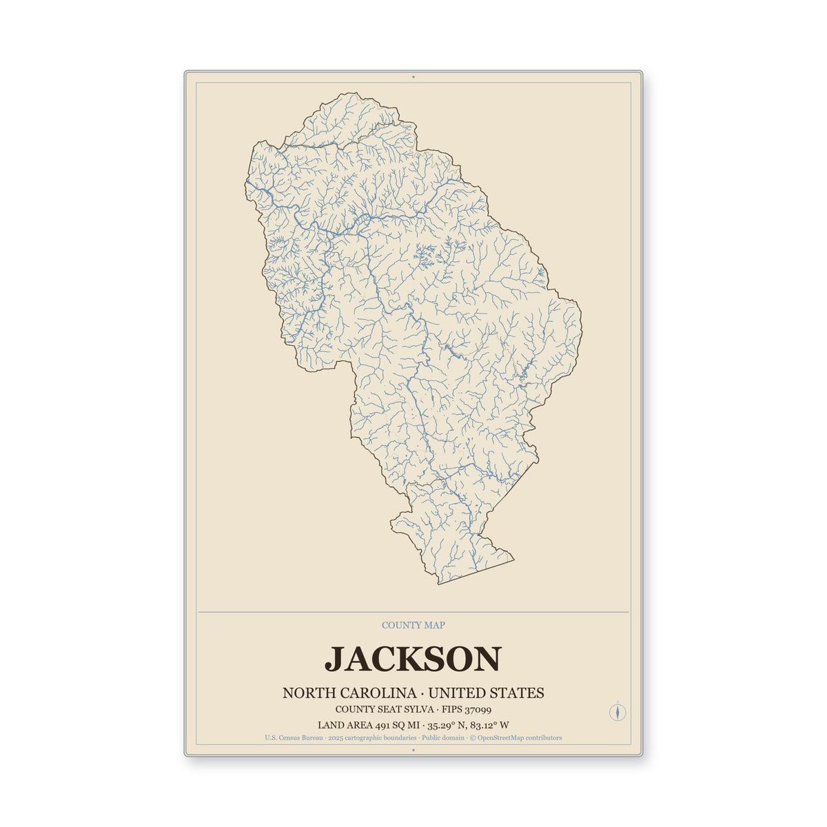 Jackson County, North Carolina Map Aluminum Sign in Heritage Nautical style