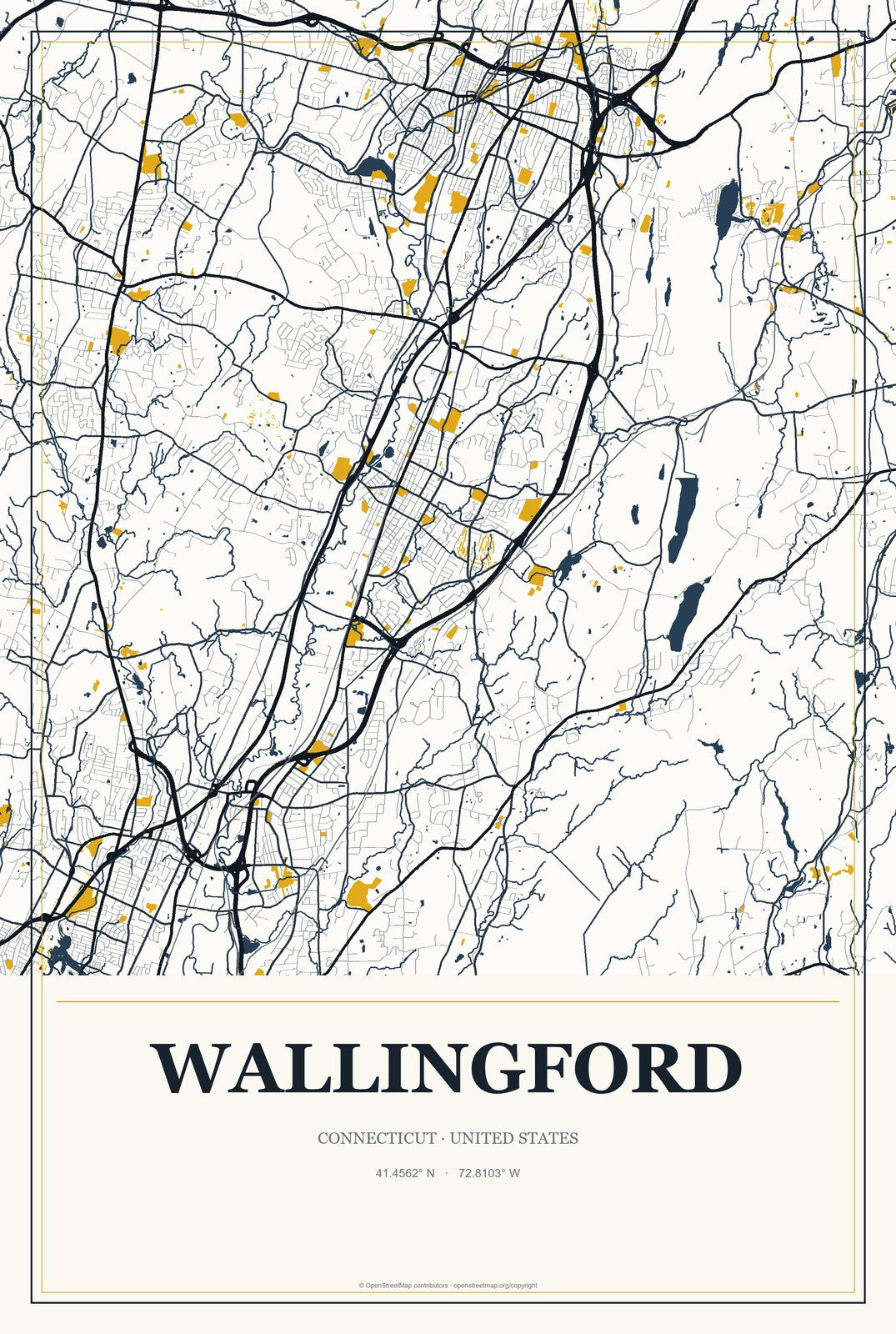 Wallingford, Connecticut City Map Aluminum Sign in Citrine Modern style