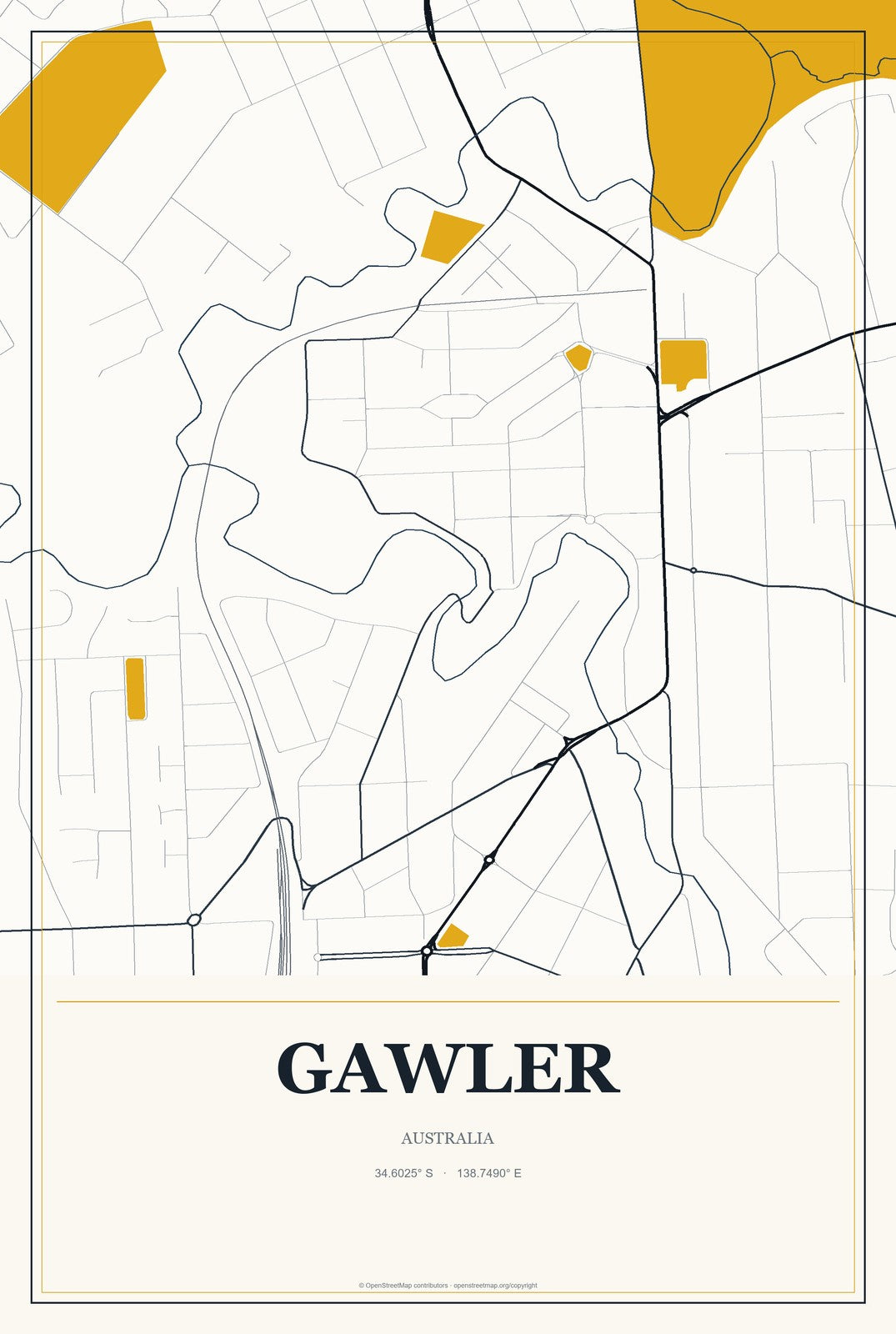 Gawler, Australia City Map Aluminum Sign in Citrine Modern style