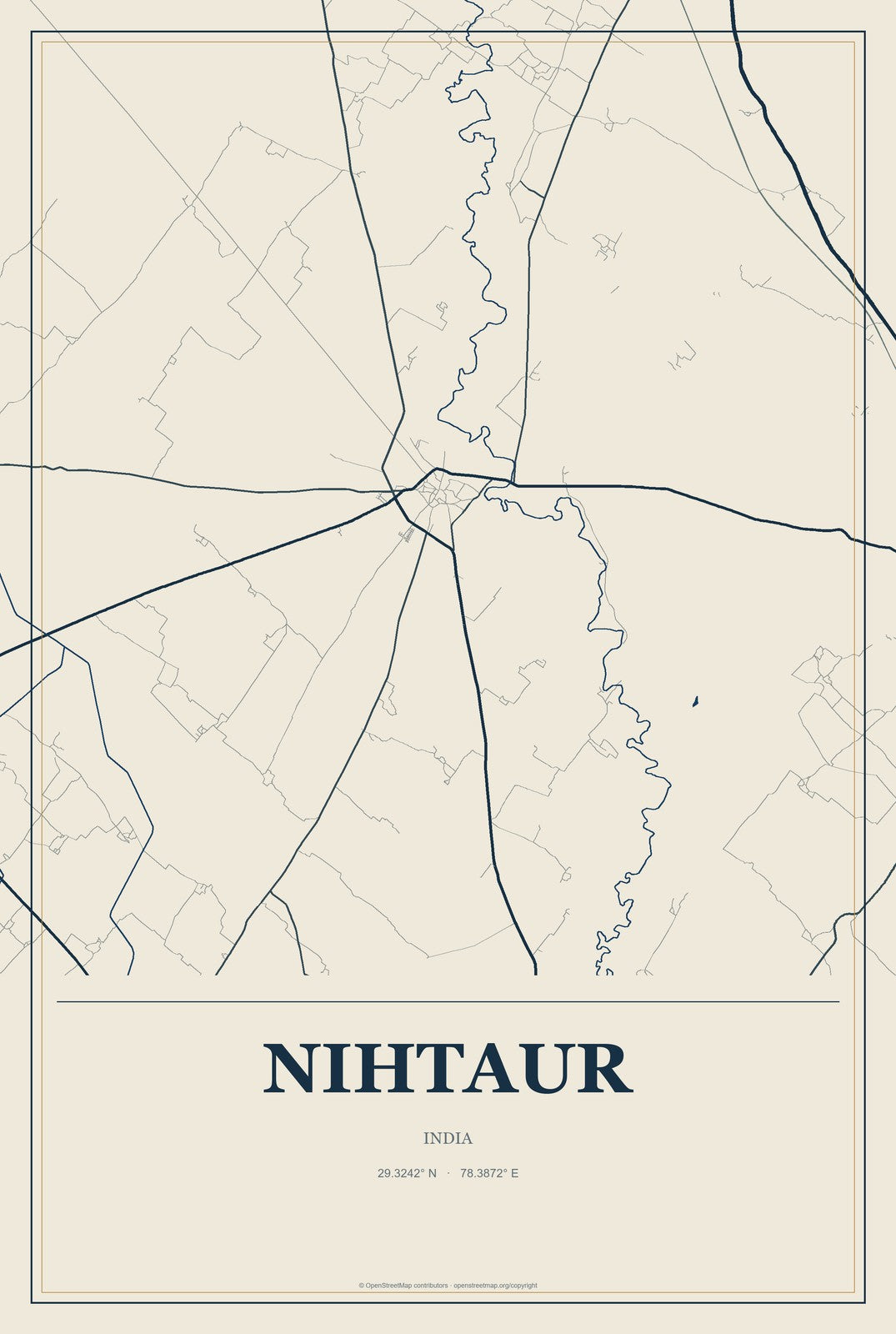 Nihtaur, India City Map Aluminum Sign in Coastal Cutout style