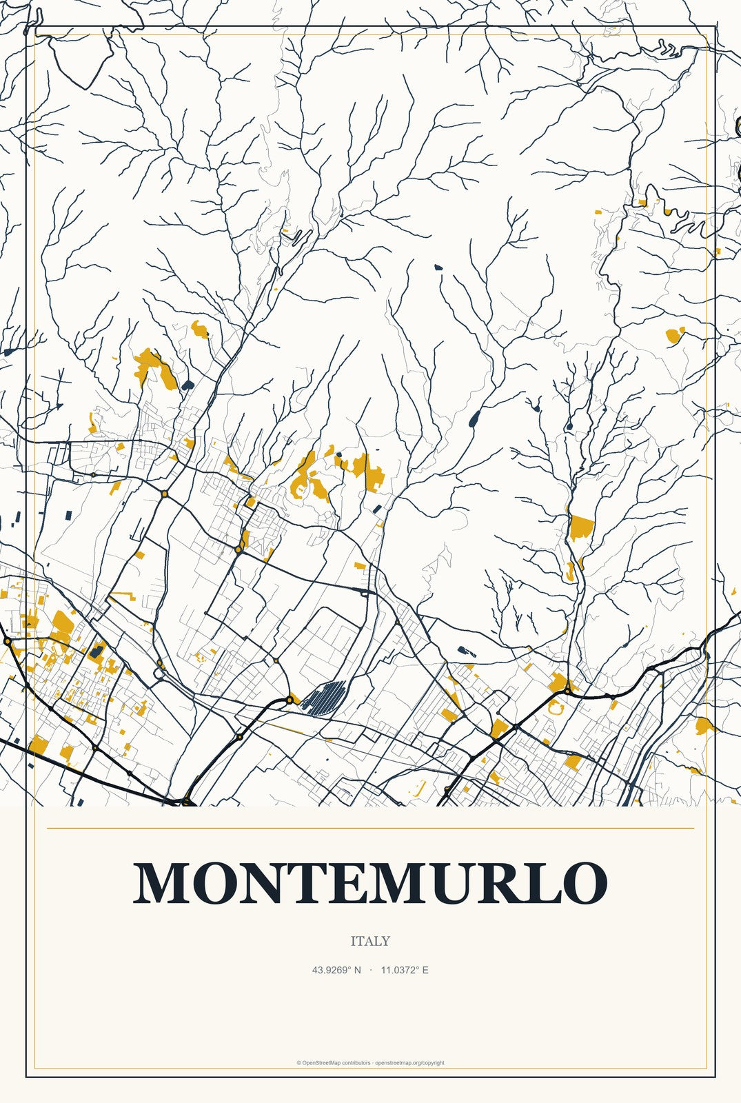 Montemurlo, Italy City Map Aluminum Sign in Citrine Modern style