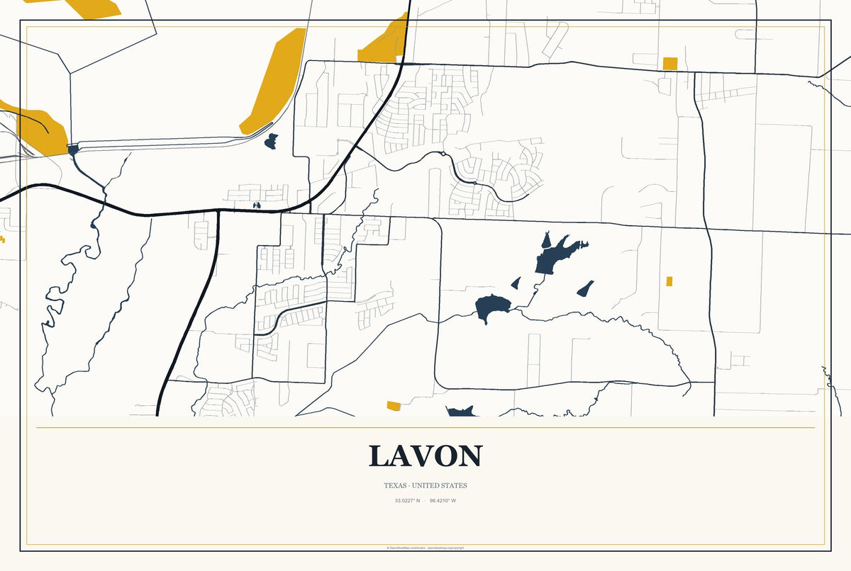 Lavon, Texas City Map Aluminum Sign in Citrine Modern style