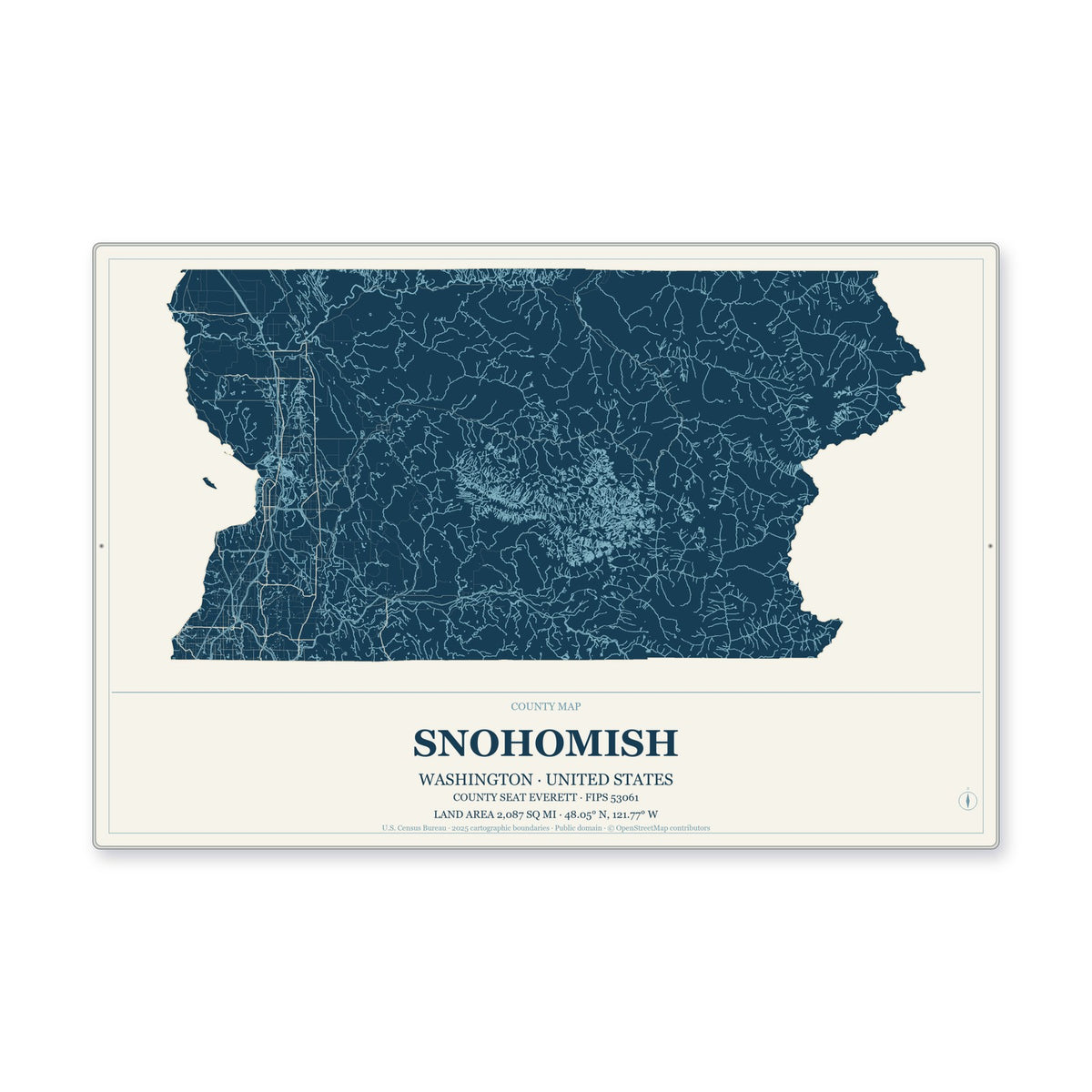 Snohomish County, Washington Map Aluminum Sign in Coastal Cutout style