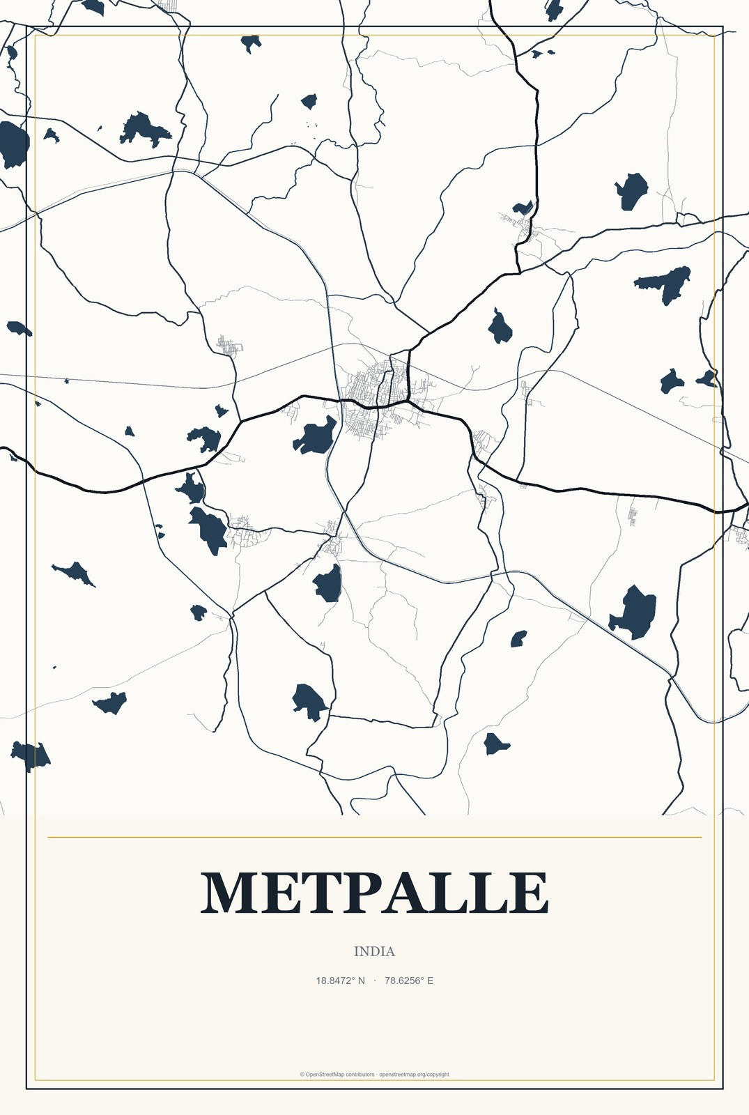 Metpalle, India City Map Aluminum Sign in Citrine Modern style