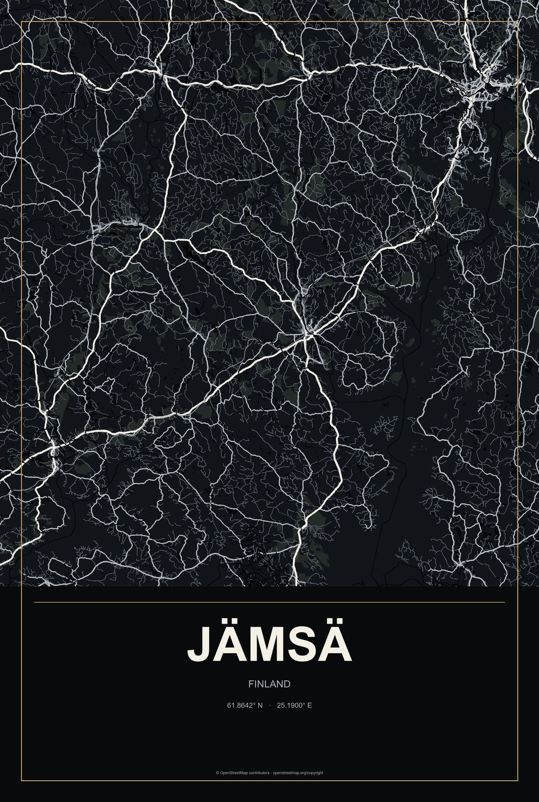 Jämsä, Finland City Map Aluminum Sign in Metropolitan Noir style