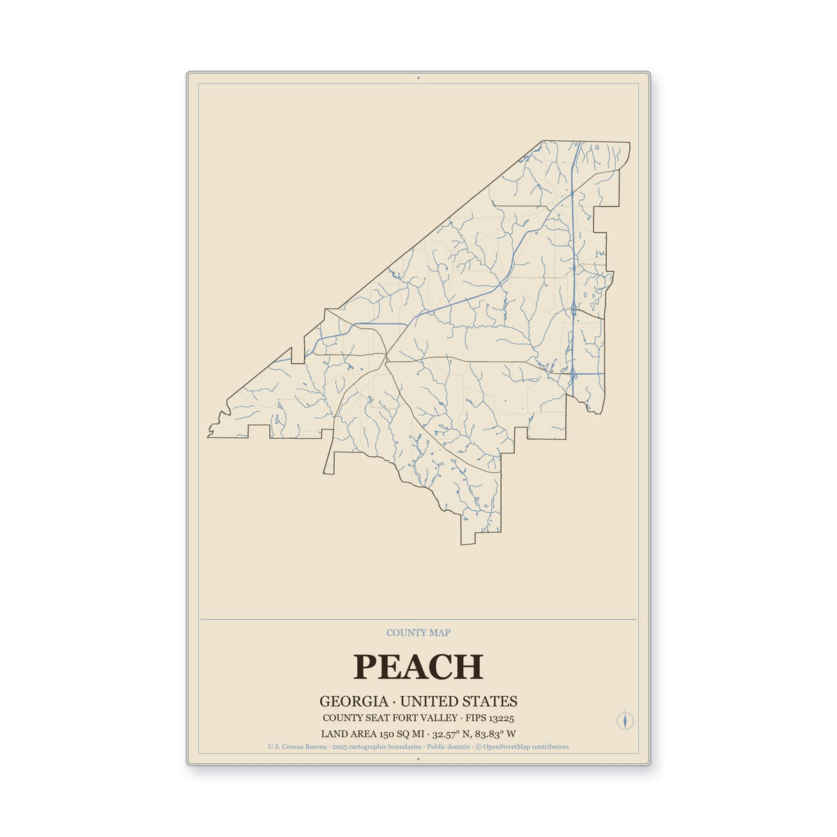 Peach County, Georgia Map Aluminum Sign in Heritage Nautical style