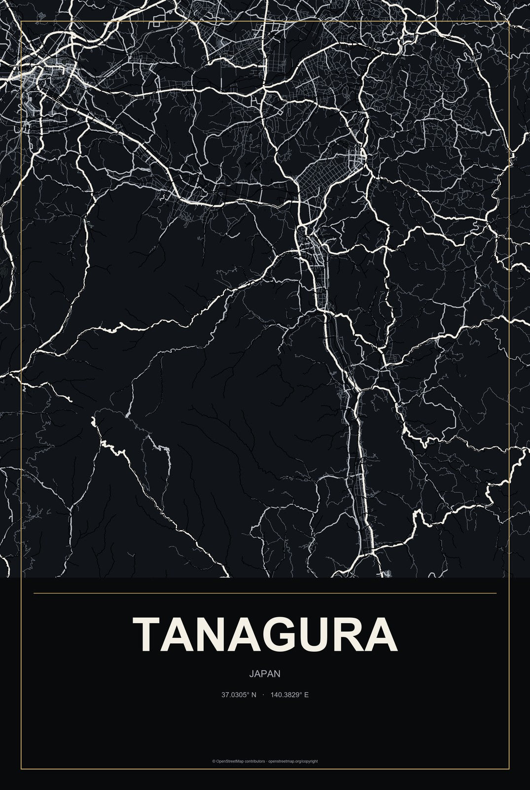 Tanagura, Japan City Map Aluminum Sign in Metropolitan Noir style