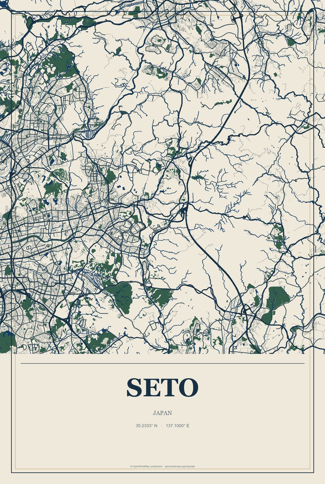 Seto, Japan City Map Aluminum Sign in Coastal Cutout style