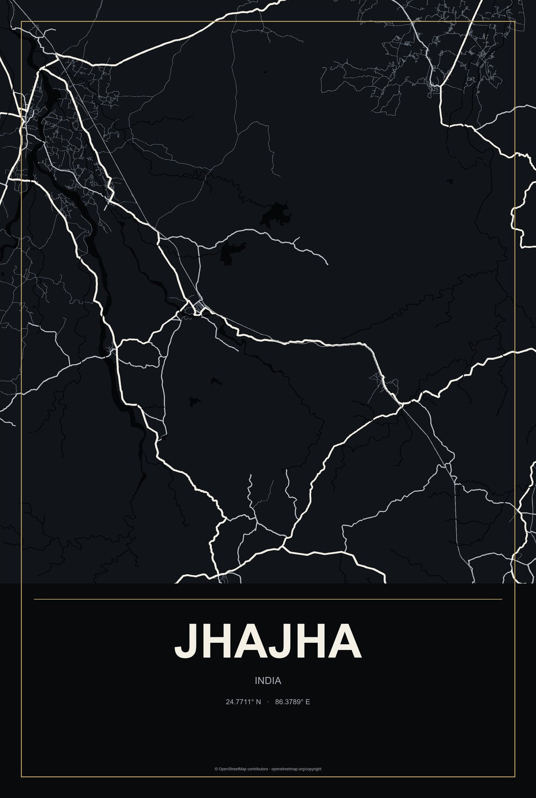 Jhajha, India City Map Aluminum Sign in Metropolitan Noir style