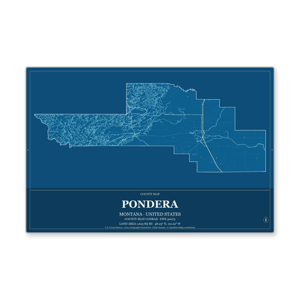 Pondera County, Montana Map Aluminum Sign in Harbor Cobalt style