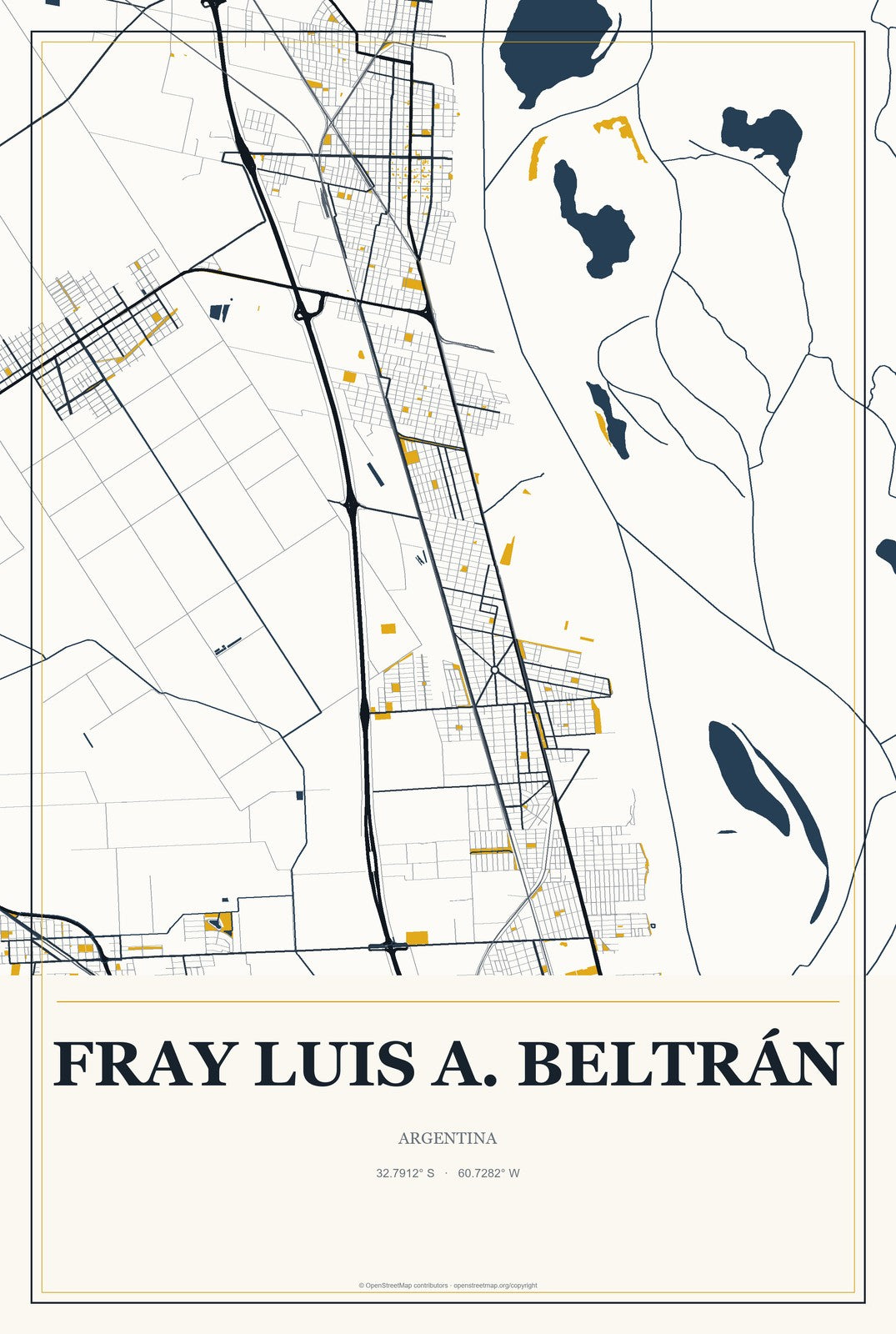 Fray Luis A. Beltrán, Argentina City Map Aluminum Sign in Citrine Modern style