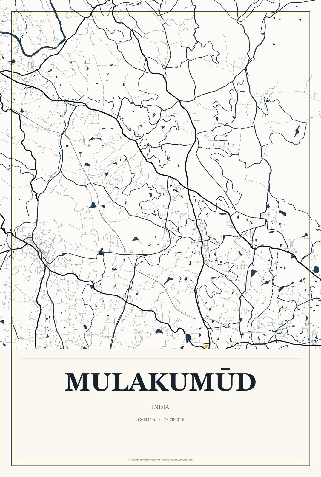 Mulakumūd, India City Map Aluminum Sign in Citrine Modern style