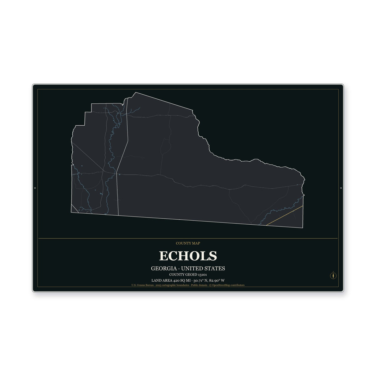 Echols County, Georgia Map Aluminum Sign in Metropolitan Noir style