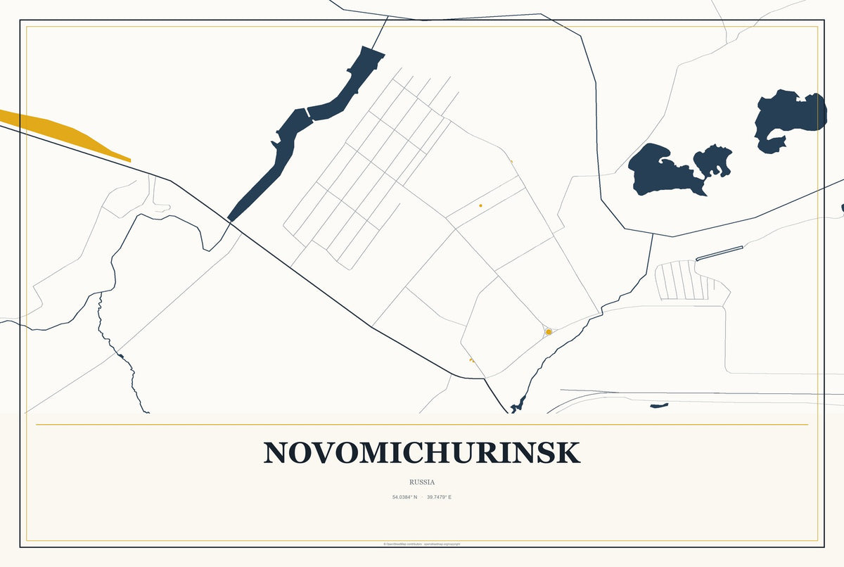 Novomichurinsk, Russia City Map Aluminum Sign in Citrine Modern style