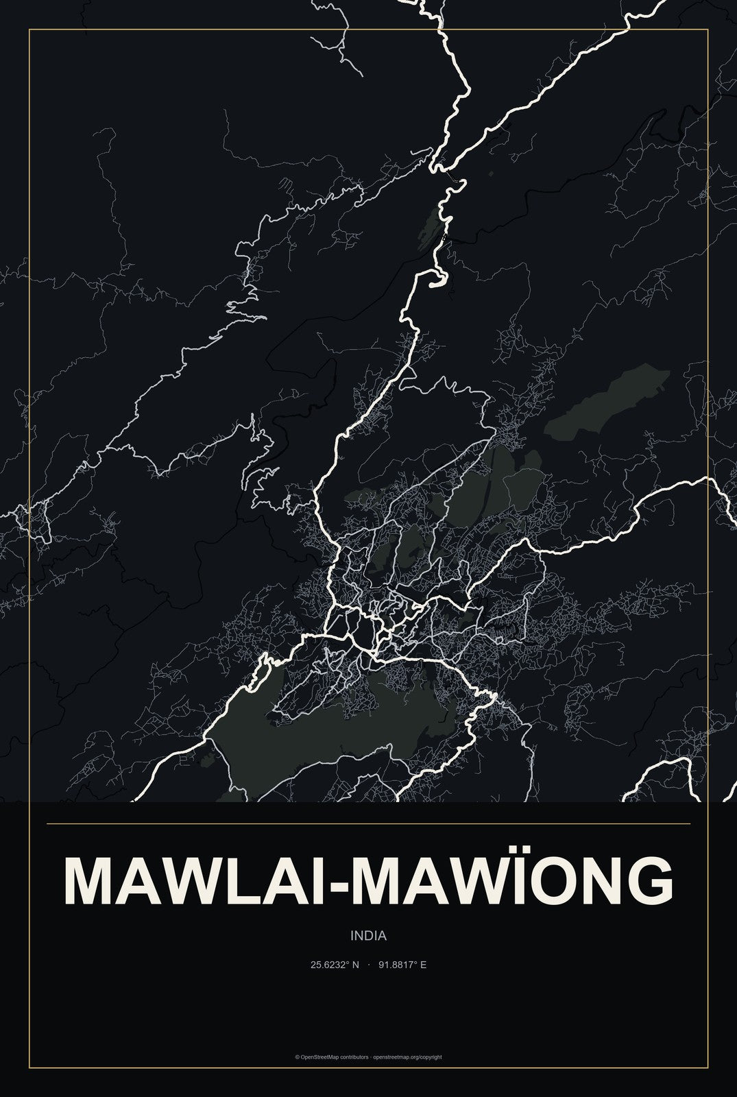 Mawlai-Mawïong, India City Map Aluminum Sign in Metropolitan Noir style